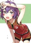  1girl arm_up bernadetta_von_varley fire_emblem fire_emblem:_three_houses garreg_mach_monastery_uniform grey_eyes gym_uniform open_mouth purple_hair short_hair shorts simple_background sleeveless solo tearing_up tori55nigen uniform 