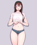  1girl bangs bare_legs blush breasts brown_hair collarbone commentary_request cowboy_shot denim denim_shorts eyebrows_visible_through_hair glasses green_eyes grey_background hairband highres kantai_collection long_hair looking_at_viewer navel ooyodo_(kantai_collection) open_mouth semi-rimless_eyewear shirt shirt_lift short_shorts short_sleeves shorts simple_background skindentation small_breasts solo standing stomach t-shirt thighs under-rim_eyewear white_shirt yuuji_(and) 