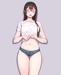  1girl bangs bare_legs blush breasts brown_hair collarbone commentary_request cowboy_shot denim denim_shorts eyebrows_visible_through_hair glasses green_eyes grey_background hairband highres kantai_collection long_hair looking_at_viewer navel ooyodo_(kantai_collection) open_mouth semi-rimless_eyewear shirt shirt_lift short_shorts short_sleeves shorts simple_background skindentation small_breasts solo standing stomach t-shirt thighs under-rim_eyewear white_shirt yuuji_(and) 