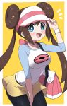  1girl bag blue_eyes brown_hair double_bun hair_bun hand_on_headwear hat_tip highres low_twintails mei_(pokemon) open_mouth pantyhose pokemon pokemon_(game) pokemon_bw2 ransusan shorts simple_background smile solo twintails visor_cap yellow_background 