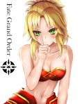  1girl absurdres artist_request bangs bare_shoulders blonde_hair blush braid breasts collarbone commentary_request copyright_name eyebrows_visible_through_hair fate/grand_order fate_(series) green_eyes hair_ornament highres large_breasts long_hair looking_at_viewer mordred_(fate) mordred_(fate)_(all) navel ponytail scrunchie solo 