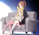  2girls brown_hair couch green_eyes hair_ribbon hand_on_own_cheek hibike!_euphonium leaning_on_person light_brown_hair long_hair long_sleeves multiple_girls nakagawa_natsuki on_couch pajamas pillow polka_dot ponytail ribbon shiroshi_(denpa_eshidan) shirt sportswear t-shirt violet_eyes yoshikawa_yuuko yuri 