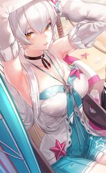  1girl ahoge alternate_costume aqua_dress arms_up bangs bare_shoulders beach breasts chair dark_persona day detached_sleeves diamond-shaped_pupils dress earrings eyebrows_visible_through_hair hair_between_eyes halter_dress halterneck highres honkai_(series) honkai_impact_3rd innertube jewelry kfr kiana_kaslana_(herrscher_of_the_void) large_breasts long_hair looking_at_viewer lounge_chair outdoors parted_lips pleated_dress sidelocks silver_hair sitting solo starfish surfboard symbol-shaped_pupils two-tone_dress white_dress wristband yellow_eyes 