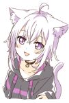  1girl :3 ahoge animal_ear_fluff animal_ears cat_ears cat_girl cat_tail eyebrows_visible_through_hair highres hololive namori nekomata_okayu open_mouth purple_hair short_hair simple_background smile tail violet_eyes virtual_youtuber white_background 