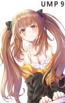  1girl bangs bare_shoulders bikini blush breasts brown_hair character_name collarbone eyebrows_visible_through_hair girls_frontline hair_between_eyes hands_together highres hyonee jacket leaning_forward long_hair looking_at_viewer off_shoulder red_eyes ribbon scar scar_across_eye simple_background smile solo swimsuit twintails ump9_(girls_frontline) white_background white_bikini 