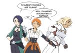  3girls catherine_(fire_emblem) closed_eyes clothes_around_waist confused english_text fire_emblem fire_emblem:_three_houses garreg_mach_monastery_uniform gloves jacket_around_waist leonie_pinelli multiple_girls shamir_navrant speech_bubble teires_(teir3s) 