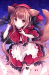  1girl animal_ears apron bangs black_bow blush bow brown_hair commentary_request dog_ears dog_tail dress hood hood_up kurumi_mashiro long_hair looking_at_viewer original red_bow red_dress red_eyes red_hood solo tail thigh-highs white_apron white_legwear 