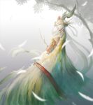  1girl absurdly_long_hair bell closed_mouth feathers grey_background hair_ornament hair_rings hair_stick head_wings jingle_bell long_hair looking_at_viewer makeup onmyoji red_lips sash solo tenshin_kagehisa tree ubume_(onmyoji) very_long_hair white_hair wide_sleeves winged_arms wings 