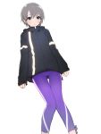  1girl bangs black_jacket blush breasts fpanda grey_eyes grey_hair highres idolmaster idolmaster_cinderella_girls jacket long_sleeves looking_at_viewer otokura_yuuki pants purple_pants short_hair simple_background small_breasts smile solo track_jacket white_background yoga_pants 