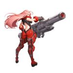  1girl ahoge ass at-100_beast_hunter center_opening full_body fur_trim gauntlets highres huge_weapon last_origin long_hair looking_at_viewer looking_back pink_hair solo transparent_background weapon yellow_eyes 