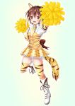  1girl :d anima_yell! animal_ears animal_print blonde_hair blush boots breasts brown_eyes brown_hair cheerleader collared_shirt commentary_request cosplay eyebrows_visible_through_hair full_body hair_between_eyes highres kemono_friends leg_up multicolored_hair necktie open_mouth pom_poms shirt small_breasts smile smilodon_(kemono_friends) smilodon_(kemono_friends)_(cosplay) solo tail tatejima_kotetsu thigh-highs tiger_ears tiger_print tiger_tail utopia_(fantomubureibum2) white_footwear white_shirt wing_collar yellow_neckwear 