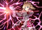  1girl absurdres armor armored_dress blonde_hair braid breasts commentary_request energy fate/apocrypha fate_(series) gauntlets green_eyes hair_ornament hair_scrunchie highres huge_filesize long_hair looking_at_viewer mordred_(fate) mordred_(fate)_(all) ponytail red_scrunchie scrunchie smile solo sou_skate714 sword teeth weapon 