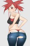  1girl absurdres ass asuna_(pokemon) belt bikini commentary_request cowboy_shot crop_top denim eyebrows_visible_through_hair gatchan grey_background gym_leader highres jeans layered_clothing o-ring o-ring_bottom pants pokemon red_bikini red_bikini_bottom red_bikini_top red_eyes redhead solo swimsuit tongue tongue_out torn_clothes torn_jeans torn_pants white_belt 