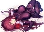  1girl bangs blush bodysuit breasts covered_navel eyebrows_visible_through_hair fate/grand_order fate_(series) flower hair_between_eyes half-closed_eyes highres holding holding_flower large_breasts long_hair looking_at_viewer lun7732 lying on_back open_mouth pauldrons purple_bodysuit purple_hair red_eyes scathach_(fate)_(all) scathach_(fate/grand_order) smile solo very_long_hair 