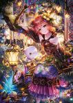  acorn bird brach brown_eyes crystal dress fantasy fish flower gem hair_flower hair_ornament highres horns in_tree indoors lamp looking_at_viewer mask original sho_(sumika) short_hair smile standing string_of_flags tagme tree 