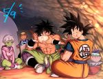  1girl 3boys :d ;) ^_^ abs apron backlighting bah_(dragon_ball) black_eyes black_hair blurry bokeh boots bowl broly_(dragon_ball_super) cave cheelai chest_scar chopsticks closed_eyes clothes_writing coat depth_of_field dougi dragon_ball dragon_ball_super eating eyelashes eyewear_on_head eyewear_removed facial_scar fingernails full_body goggles goggles_on_head green_skin happy hat holding holding_bowl holding_chopsticks holding_pot holding_spoon indian_style indoors lemo_(dragon_ball) looking_at_another looking_back looking_down mattari_illust multiple_boys nervous number objectification one_eye_closed open_mouth orange_skin pot puffy_cheeks purple_coat purple_legwear scar scar_on_cheek shirtless short_hair sitting smile son_gokuu spiky_hair spoon sweatdrop v very_short_hair violet_eyes waist_cape white_hair wristband yellow_headwear 