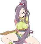  1girl belt black_gloves black_hair breasts dragon_quest dragon_quest_xi fingerless_gloves gloves kafun long_hair looking_at_viewer martina_(dq11) midriff navel ponytail shorts simple_background sitting sleeveless solo spread_legs very_long_hair violet_eyes white_background 
