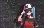  1girl 39 adjusting_clothes adjusting_hat aqua_eyes aqua_hair aqua_nails baseball_cap black_background black_shirt bracelet character_name commentary doodle drawings eighth_note hair_ornament hand_up happy_birthday hat hatsune_miku headphones headphones_around_neck jewelry long_hair looking_to_the_side mural musical_note nail_polish neck_tattoo nejikyuu one_eye_closed pinky_out red_shirt shadow shirt smile solo spaghetti_strap spring_onion sunglasses sweat t-shirt tattoo translated twintails two-tone_shirt very_long_hair vocaloid 