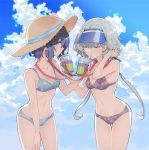  2girls bangs bikini black_hair blue_sky closed_eyes cloud_sky clouds collarbone cup drinking_straw flower hair_flower hair_ornament hair_ribbon hat long_hair minakata_sunao multiple_girls navel red_eyes ribbon short_hair sky straw_hat swimsuit thighs twintails visor_cap white_hair zombie_land_saga 