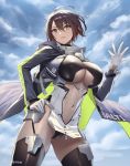  1girl ahoge azur_lane baltimore_(azur_lane) bangs black_legwear blue_coat blue_sky blush braid breasts brown_hair center_opening closed_mouth cuboon hair_between_eyes hand_on_hip highres hooded_coat large_breasts looking_at_viewer midriff_cutout navel short_hair sky smile solo thigh-highs thighs underboob_cutout yellow_eyes zipper_pull_tab 