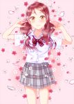  1girl arms_up bangs blush bow bowtie breasts cherry_blossoms collarbone earrings flower hair_flower hair_ornament hair_over_shoulder hiro9779 jewelry long_hair looking_at_viewer love_live! love_live!_sunshine!! pink_background plaid plaid_skirt pleated_skirt redhead sakurauchi_riko school_uniform shirt short_sleeves skirt small_breasts smile striped striped_neckwear uniform white_shirt yellow_eyes 