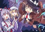  3girls :o abstract_background arm_up armband bangs black_headwear black_skirt blonde_hair brown_coat brown_footwear brown_hair clenched_hands coat commentary_request dress e.o. eyebrows_visible_through_hair flying frilled_sleeves frills fujiwara_no_mokou hair_ribbon hand_on_own_chin hat juliet_sleeves kneehighs light_brown_eyes long_hair long_sleeves looking_at_another maribel_hearn mob_cap multiple_girls necktie open_clothes open_coat open_mouth pink_eyes ponytail puffy_sleeves purple_dress red_eyes red_neckwear red_ribbon ribbon shirt short_hair silver_hair skirt striped striped_legwear suspenders sweatdrop touhou trench_coat upper_body usami_renko very_long_hair white_headwear white_shirt wide_sleeves 