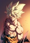  1boy abs arms_at_sides backlighting blonde_hair blood blood_from_mouth blood_on_face blue_eyes chest dark_background dragon_ball dragon_ball_z dust dust_particles floating_hair from_above frown gradient gradient_background highres looking_afar male_focus mattari_illust muscle orange_background pants red_background serious shaded_face shirt simple_background son_gokuu spiky_hair standing super_saiyan torn_clothes torn_pants torn_shirt upper_body wristband yellow_background 