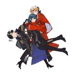  1boy 2girls arm_guards black_footwear black_hair boots byleth_(fire_emblem) byleth_eisner_(female) cape carrying carrying_under_arm edelgard_von_hresvelg expressionless fire_emblem fire_emblem:_three_houses gloves green_hair hair_over_one_eye highres hubert_von_vestra multiple_girls parted_lips qjwyr silver_hair sweatdrop tiara violet_eyes 