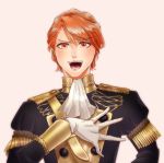  1boy beige_background blush epaulettes ferdinand_von_aegir fire_emblem fire_emblem:_three_houses garreg_mach_monastery_uniform gloves highres open_mouth orange_eyes orange_hair solo teeth upper_body wagasi425 