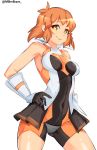  1girl absurdres blush bodysuit breasts bright_pupils brown_hair closed_mouth covered_navel elbow_gloves gauntlets gloves hair_ornament hairclip happy_birthday highres looking_at_viewer medium_breasts millerbrave navel orange_eyes senki_zesshou_symphogear shiny shiny_hair shiny_skin short_hair simple_background smile solo standing tachibana_hibiki_(symphogear) thighs twitter_username white_background white_pupils 