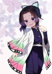  1girl :d absurdres agung_syaeful_anwar bangs belt belt_buckle black_hair black_jacket black_pants blush buckle bug butterfly butterfly_hair_ornament eyebrows_visible_through_hair forehead gradient_hair hair_ornament hand_up highres insect jacket kimetsu_no_yaiba kochou_shinobu long_sleeves multicolored_hair open_clothes open_mouth pants parted_bangs purple_hair sleeves_past_wrists smile violet_eyes white_belt wide_sleeves younger 