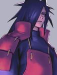  1boy armor black_hair closed_mouth grey_background hair_over_one_eye japanese_armor long_hair male_focus mi8pq naruto naruto_(series) pauldrons simple_background solo uchiha_madara violet_eyes 