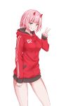  1girl bangs breasts darling_in_the_franxx eyebrows_visible_through_hair green_eyes hairband highres hood hoodie horns long_sleeves looking_at_viewer n15e pink_hair red_hoodie short_hair simple_background smile solo v white_background zero_two_(darling_in_the_franxx) 