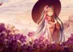  1girl artist_name bangs blurry blurry_foreground building closed_mouth clouds cloudy_sky commentary_request depth_of_field eyebrows_visible_through_hair field floral_print flower flower_field green_eyes green_hair hair_between_eyes hair_flower hair_ornament hatsune_miku holding holding_umbrella japanese_clothes kimono long_hair long_sleeves oriental_umbrella outdoors petals pink_flower pixiv_id print_kimono purple_flower purple_kimono red_flower red_umbrella rimuu sky smile solo standing twitter_username umbrella very_long_hair vocaloid white_flower wide_sleeves 