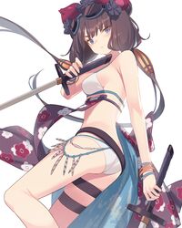  1girl ass bare_shoulders bikini blue_eyes blue_ribbon bracelet breasts dual_wielding eyebrows_visible_through_hair fate/grand_order fate_(series) floral_print goggles goggles_on_head hair_ornament holding holding_sword holding_weapon jewelry katana katsushika_hokusai_(fate/grand_order) katsushika_hokusai_(swimsuit_saber)_(fate) long_hair low_twintails medium_breasts purple_hair ribbon sheath swimsuit sword thigh_strap twintails very_long_hair weapon white_bikini yura_(botyurara) 