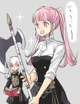  2girls axe book fire_emblem fire_emblem:_three_houses garreg_mach_monastery_uniform grey_background hilda_valentine_goneril holding holding_axe holding_book ktnamgmfe long_hair long_sleeves lysithea_von_ordelia multiple_girls open_book open_mouth pink_eyes pink_hair short_sleeves simple_background twintails uniform white_hair 