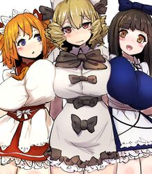  3girls alternate_breast_size bangs blonde_hair blue_bow blue_dress blue_eyes blunt_bangs blush bow breast_squeeze breasts brown_eyes brown_hair dress drill_hair frilled_dress frills girl_sandwich hair_bow hat huge_breasts long_hair looking_at_viewer luna_child multiple_girls older open_mouth red_eyes sandwiched short_hair short_sleeves skirt smile star_sapphire sunny_milk torso_(hjk098) touhou 