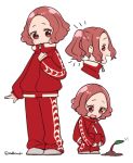  1girl :d brown_eyes brown_hair closed_mouth do_m_kaeru flat_color jacket long_sleeves multiple_views okumura_haru open_mouth pants persona persona_5 pikmin_(creature) pikmin_(series) profile red_jacket red_pants short_hair simple_background smile squatting standing track_jacket track_pants track_suit twitter_username white_background 