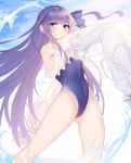  1girl arm_up armpits ass_visible_through_thighs bangs bare_shoulders blue_eyes blue_swimsuit blush casual_one-piece_swimsuit clouds eyebrows_visible_through_hair fate/grand_order fate_(series) frilled_swimsuit frills highleg highleg_swimsuit highres long_hair long_sleeves looking_at_viewer meltryllis meltryllis_(swimsuit_lancer)_(fate) one-piece_swimsuit outstretched_arm purple_hair sleeves_past_fingers sleeves_past_wrists smile solo swimsuit thighs very_long_hair yanggang 