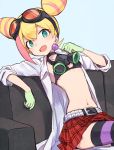  aqua_gloves belt black_belt blonde_hair candy couch crossed_legs food gloves goggles goggles_on_head green_gloves labcoat lollipop lucia_fex midriff multicolored_hair open_mouth pink_hair plaid plaid_skirt promare skirt soto striped striped_legwear thigh-highs two-tone_hair 