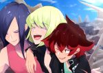  3boys absurdres arm_around_shoulder black_jacket blue_sky closed_eyes eyeshadow green_hair gueira hair_over_one_eye highres jacket lio_fotia long_hair looking_at_viewer makeup male_focus meis_(promare) multiple_boys open_mouth promare red_eyes redhead sky sleeveless smile upper_body 