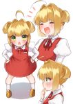 1girl absurdres ahoge blonde_hair blush child crying dress fate/extra fate_(series) green_eyes hair_intakes hands_on_hips highres juliet_sleeves leaning_forward long_hair long_sleeves multiple_views nero_claudius_(fate) nero_claudius_(fate)_(all) puffy_sleeves red_dress short_twintails smile tears twintails yayoimaka03 younger 