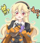 1girl alternate_color armor black_hairband blonde_hair corrin_(fire_emblem) corrin_(fire_emblem)_(female) eromame fire_emblem fire_emblem_fates green_background hairband heart heart-shaped_pupils long_hair manakete nintendo open_mouth pointy_ears red_eyes simple_background solo symbol-shaped_pupils twitter_username upper_body