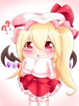  1girl ?? alternate_hair_length alternate_hairstyle arms_up blonde_hair blush chibi eyebrows_visible_through_hair flandre_scarlet gradient gradient_background hair_between_eyes hat hat_ribbon highres long_hair looking_at_viewer mob_cap open_mouth petticoat pink_background red_eyes red_skirt red_vest ribbon shirt side_ponytail skirt skirt_set sleeves_past_fingers sleeves_past_wrists solo thigh-highs touhou triangle_mouth very_long_hair vest white_headwear white_legwear white_shirt wings yairenko zettai_ryouiki 