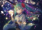  1girl bangs blush burning candle candlelight closed_mouth commentary eyebrows_behind_hair fire floating_hair floral_print flower goyain green_eyes green_hair hair_between_eyes hair_flower hair_ornament hands_up hatsune_miku highres japanese_clothes kimono long_hair long_sleeves looking_away obi print_kimono red_flower sash smile solo tree_branch twintails very_long_hair vocaloid white_kimono wide_sleeves 