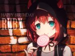  1girl :q bangs black_choker black_jacket blue_eyes braid brick_wall candy character_name chibi choker closed_mouth commentary_request dated eyebrows_behind_hair food grey_shirt hair_between_eyes hand_up happy_birthday holding holding_food holding_lollipop hood hood_up hooded_jacket horned_hood horns jacket kurosawa_ruby langbazi lollipop love_live! love_live!_sunshine!! redhead shirt signature smile solo swirl_lollipop tongue tongue_out upper_body 