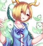  1girl :3 arms_up bangs blonde_hair blouse blue_blouse blue_bow bow breasts collarbone commentary_request dragon_horns dragon_tail hair_between_eyes hair_over_one_eye head_tilt highres horns kicchou_yachie long_sleeves looking_at_viewer mozuno_(mozya_7) otter_spirit_(touhou) parted_bangs parted_lips petting red_eyes short_hair simple_background small_breasts solo standing tail touhou upper_body white_background 