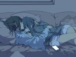  2girls bangs black_hair cat_pillow cellphone closed_eyes couch hibike!_euphonium hug kasaki_nozomi long_hair long_sleeves multiple_girls on_couch phone pillow ponytail ree_(re-19) short sleeping sleeping_on_person smartphone thighs yoroizuka_mizore yuri 