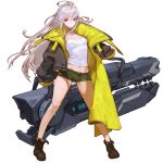  1girl antenna_hair boots coat full_body green_shorts highres huge_weapon last_origin long_coat long_hair navel red_eyes shorts silver_hair solo tank_top torn_clothes torn_shorts transparent_background very_long_hair weapon x-05_emily_(last_origin) 