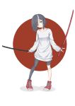  1girl bangs black_hair breasts collarbone commentary_request eyebrows_visible_through_hair full_body highres holding holding_sword holding_weapon horn katana long_sleeves looking_at_viewer n15e original red_eyes red_footwear shoes short_hair simple_background sleeves_past_wrists small_breasts solo standing sweater sword uniform weapon white_sweater 